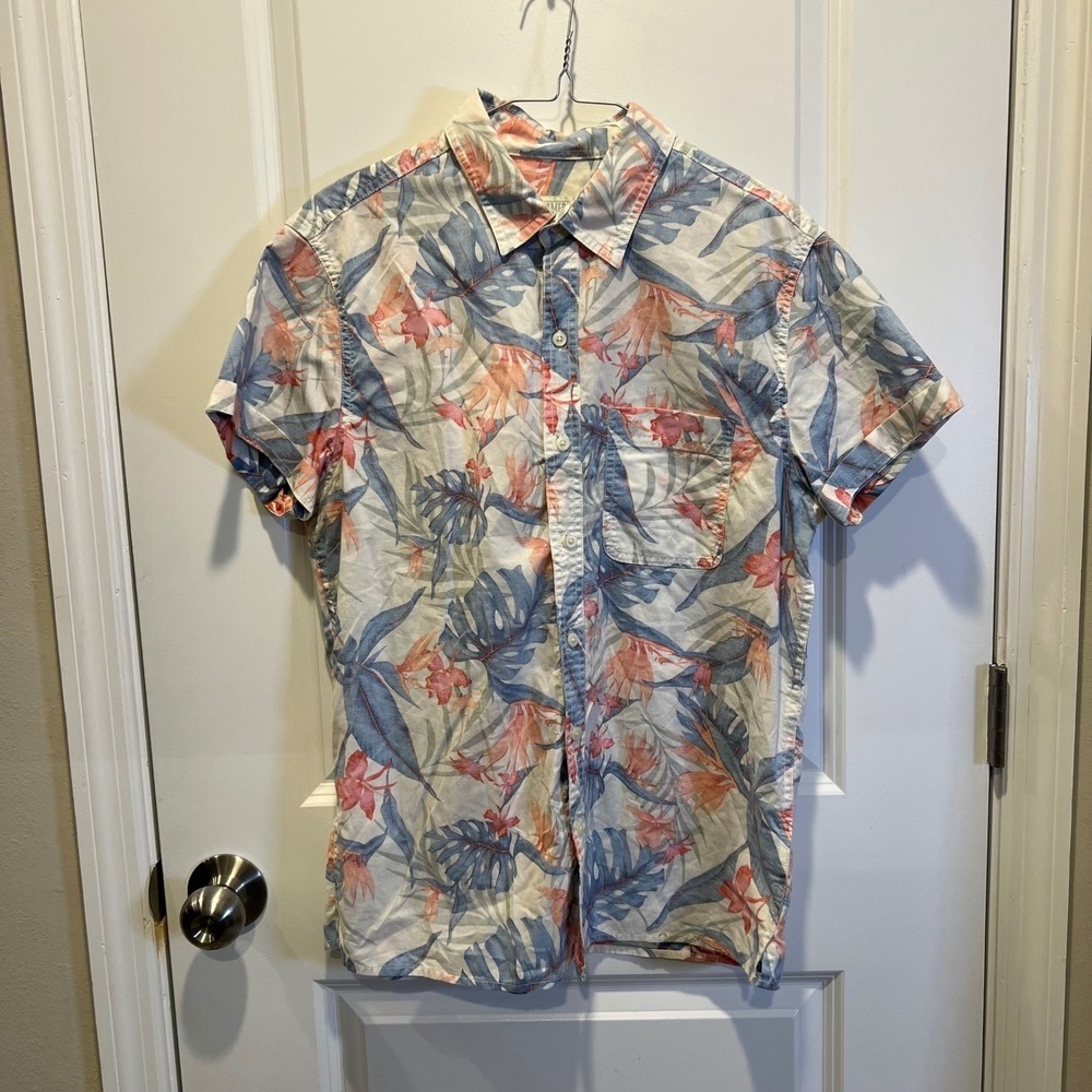 American Eagle Mens Button Down Tropical Floral Print White Blue Size M